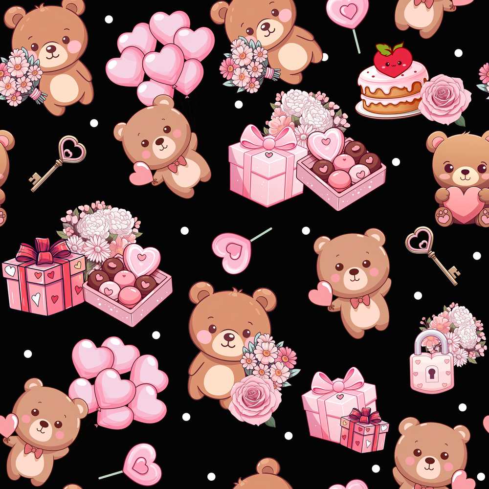 Cute Teddy Bears Gifts Hearts Black Background Illustration