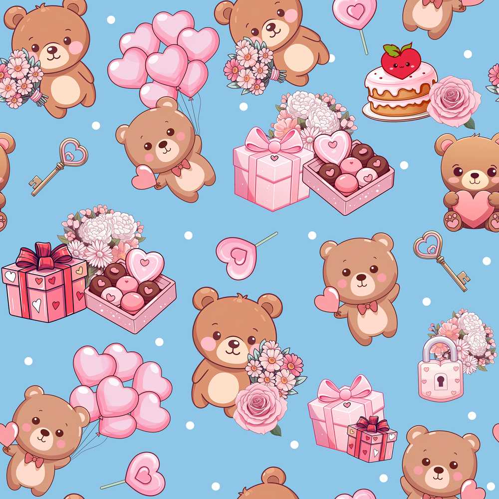 Cute Teddy Bears Gifts Hearts Blue Background Illustration