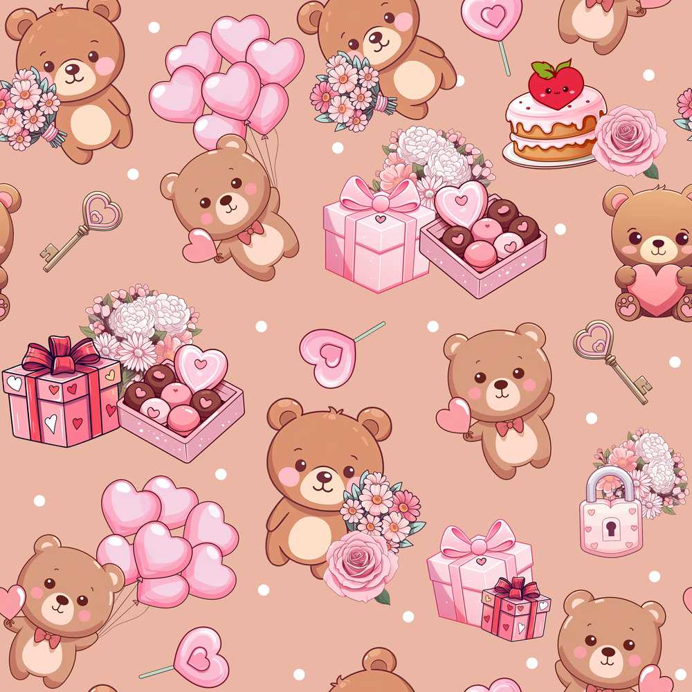 Cute Teddy Bears Gifts Hearts Brown Background Illustration