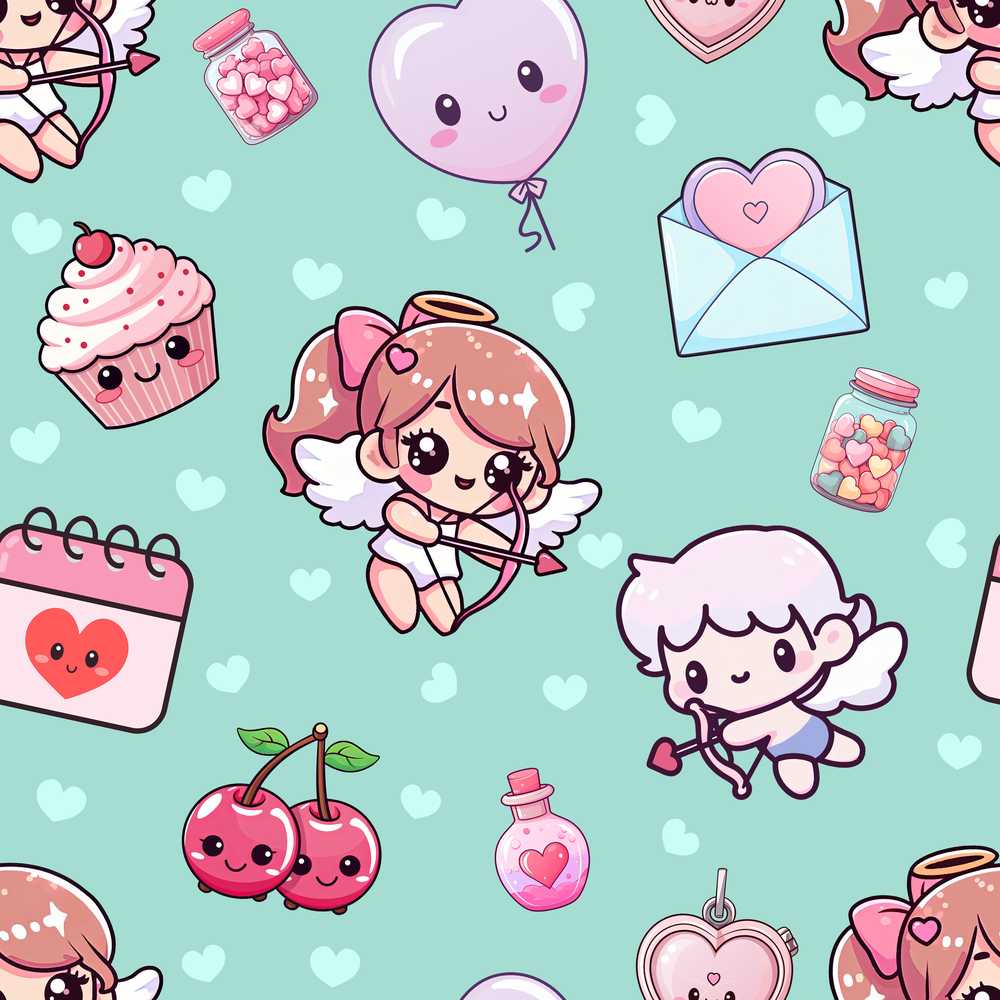 Cupid Angels Hearts Sweets Kawaii Valentine Mint Background