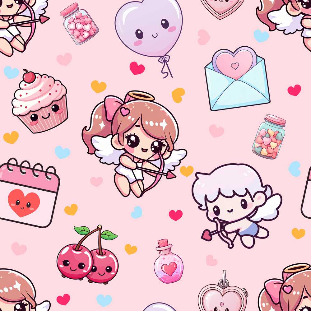 Cupid Angels Hearts Sweets Kawaii Valentine Pink Background