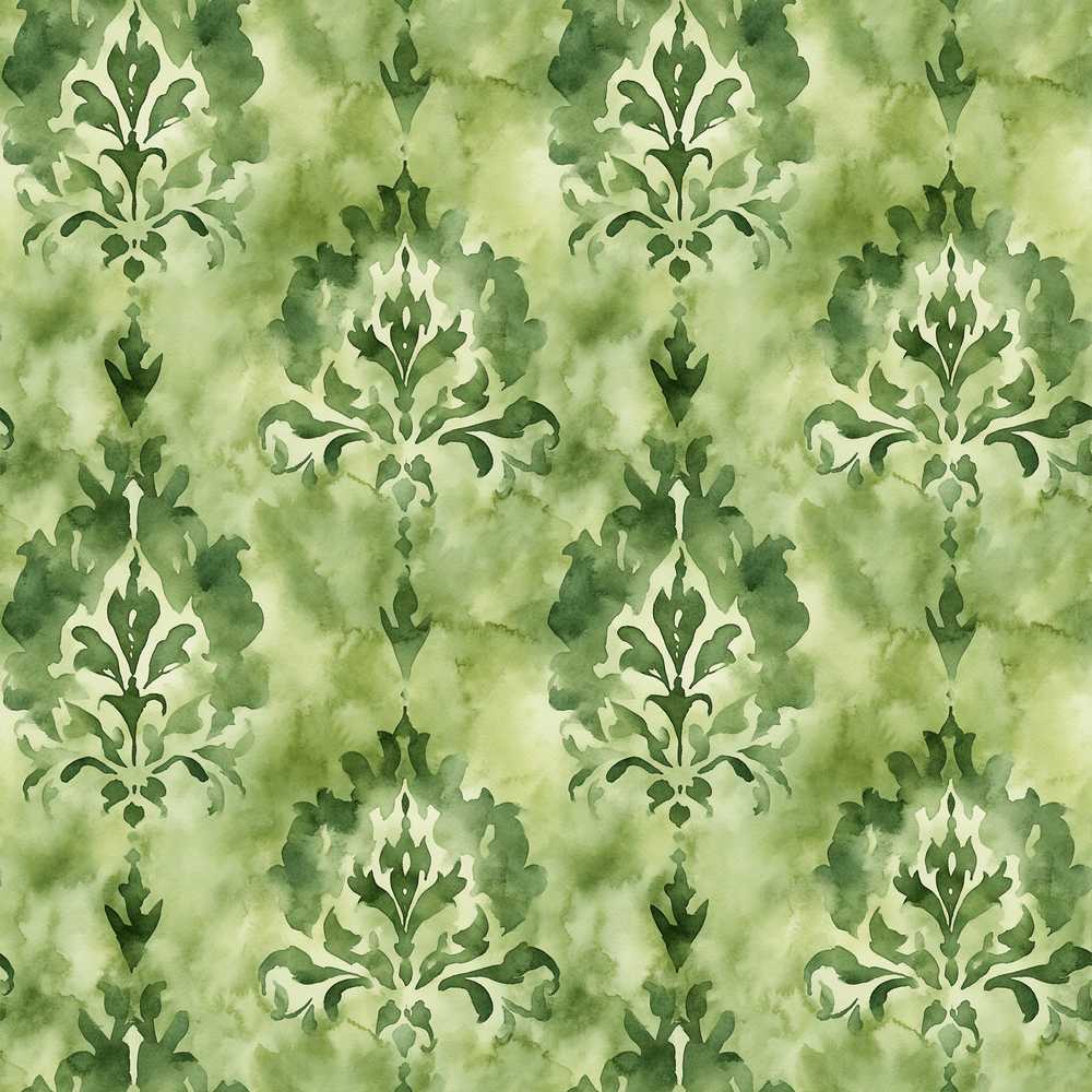 Green Watercolor Damask Pattern Classic Ornamental Decorative Repeat