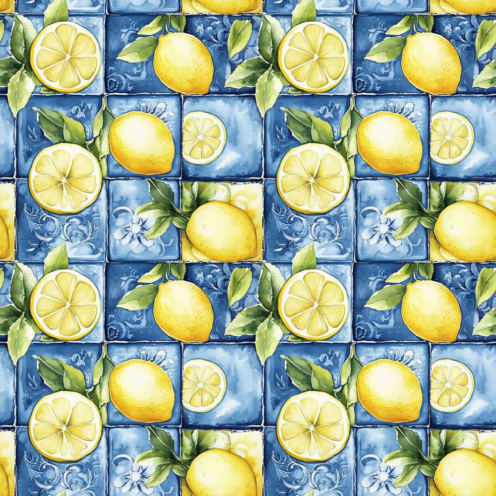 Blue Ceramic Tile Lemon Fruit Mediterranean Kitchen Illustration