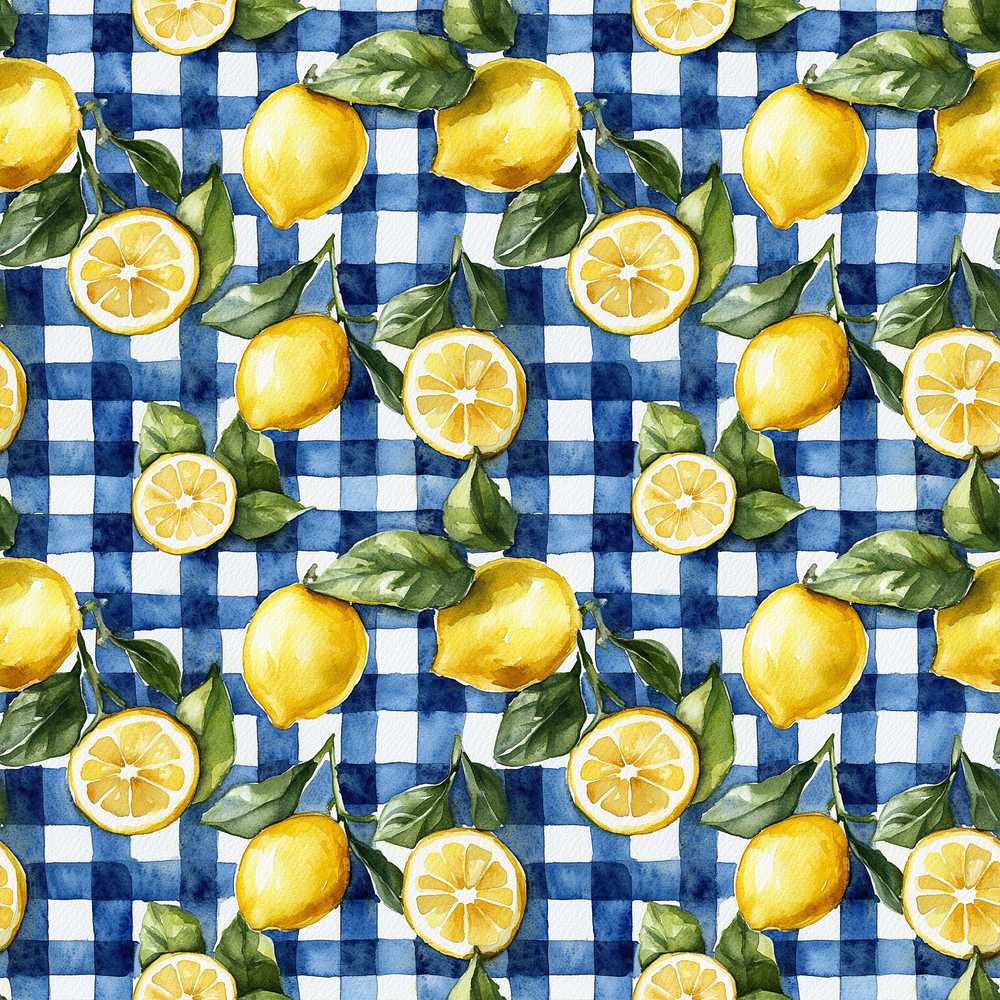 Lemon Fruit Blue Gingham Picnic Illustration Repeat Pattern
