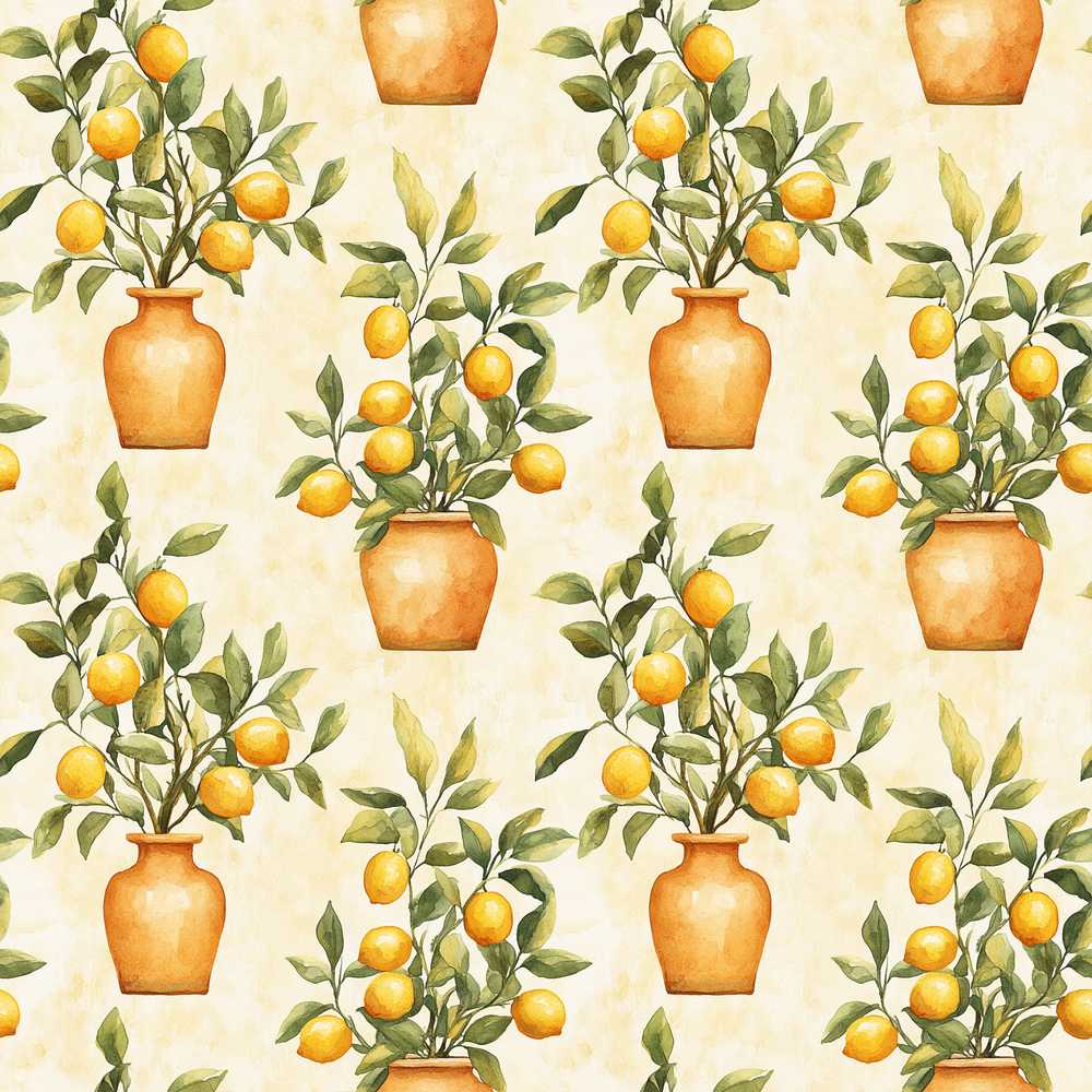 Lemon Tree Pot Rustic Mediterranean Illustration Repeat Pattern