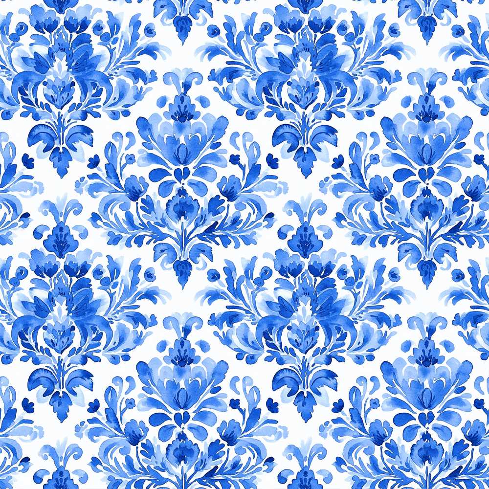 Blue Floral Damask Watercolor Wildflower Pattern Botanical