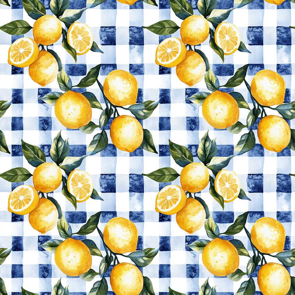 Watercolor Lemon Fruit Blue Gingham Picnic Illustration Repeat
