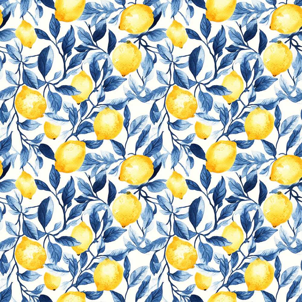Lemon Blue Leaf Botanical Wildflower Pattern Decorative