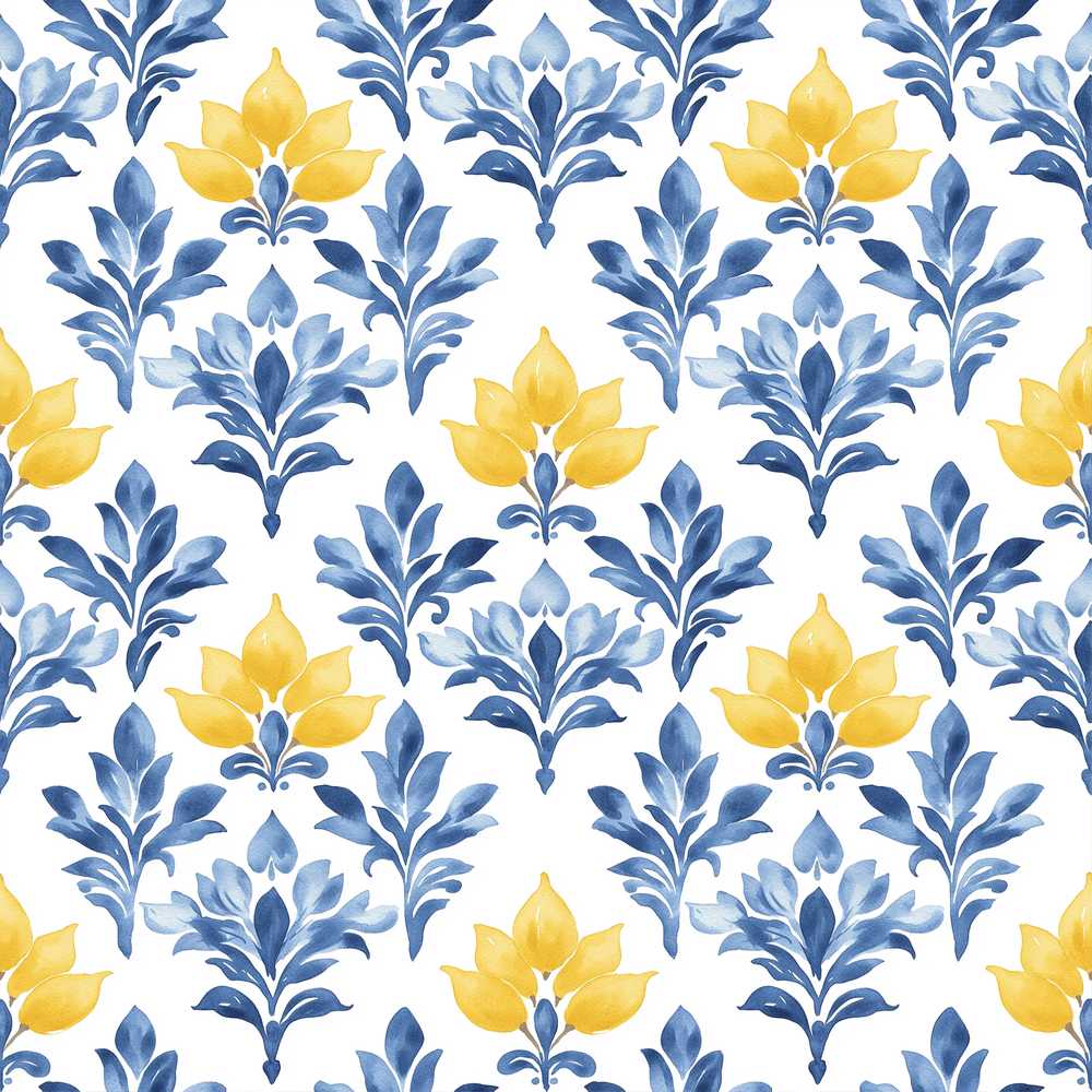 Blue Yellow Floral Motif Vintage Wildflower Pattern Botanical
