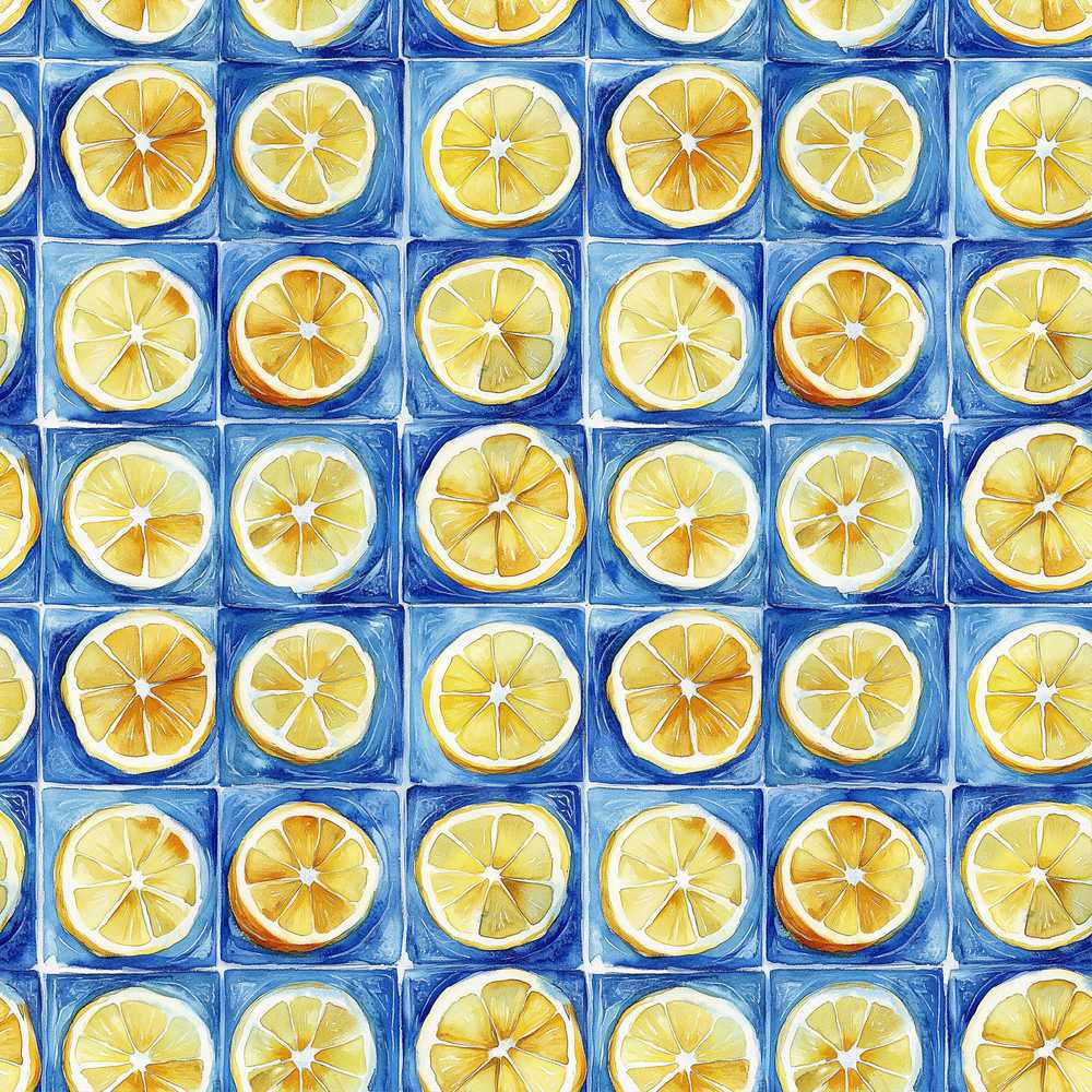 Lemon Tile Blue Mediterranean Illustration Repeat Pattern Design