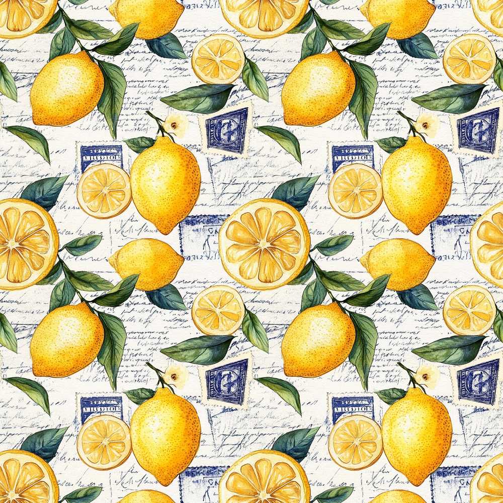 Classic Lemon Fruit Botanical Vintage Script Collage Wildflower Pattern
