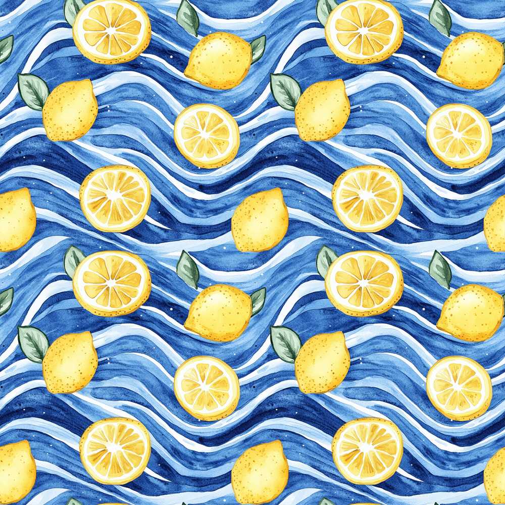 Bright Lemon Slices Blue Ocean Waves Summer Coastal