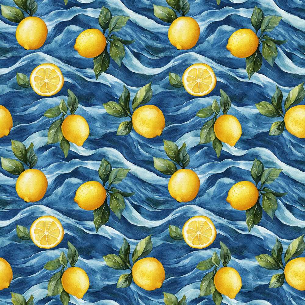 Hand Painted Lemon Fruit Flowing Water Waves Coastal Style