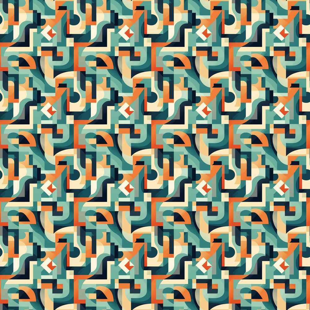 Teal Orange Mid Century Abstract Curved Shapes Art