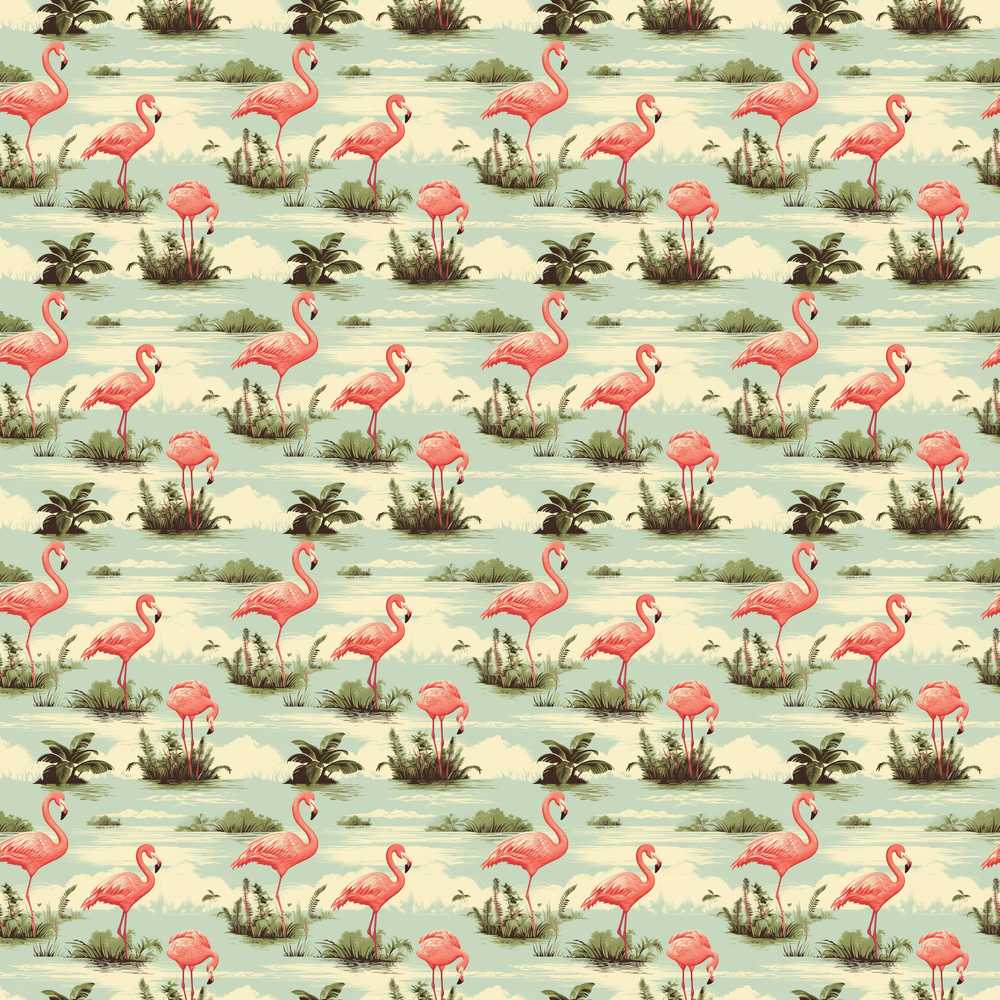 Vintage Flamingo Birds Lake Scene Nature Decorative Repeat