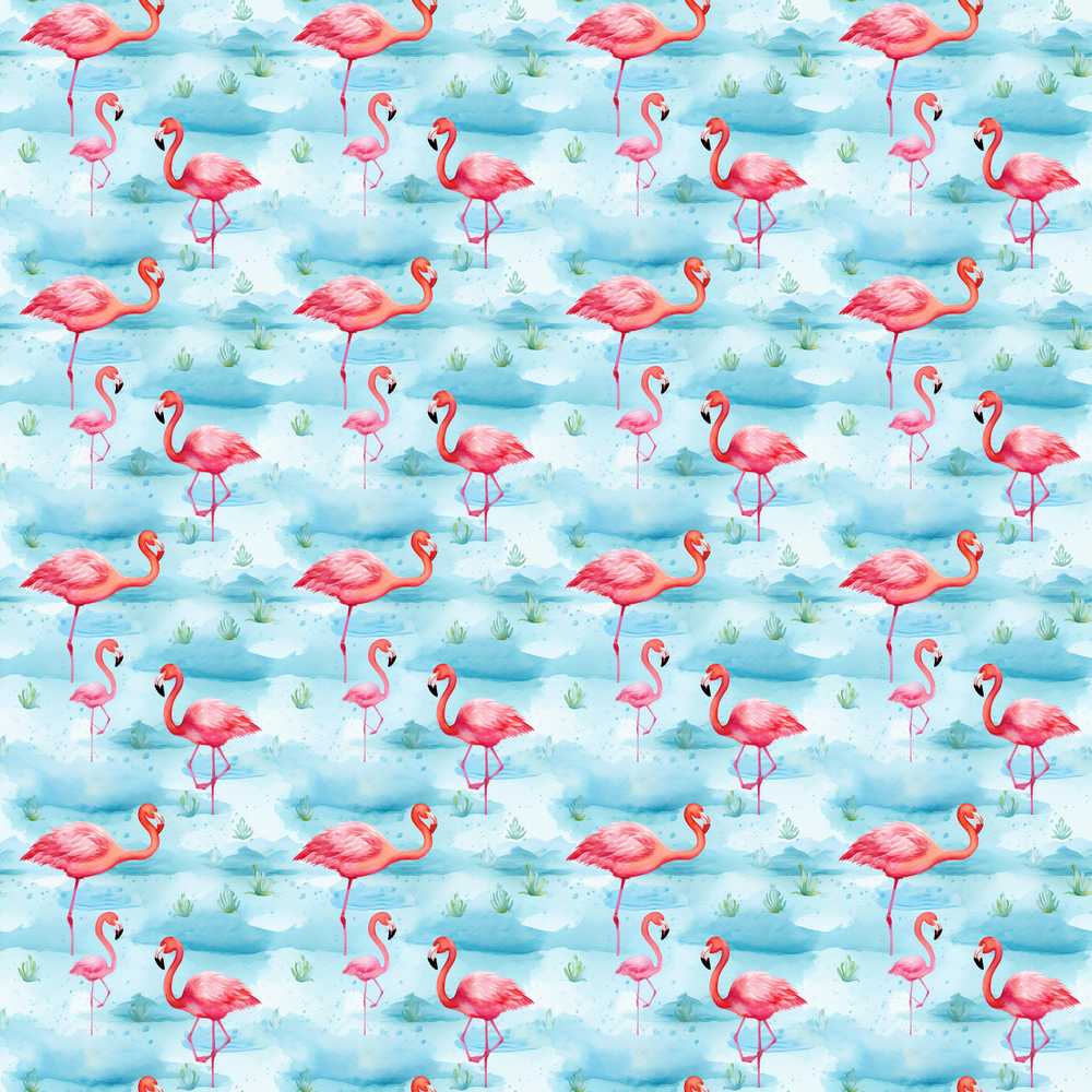 Cute Pink Flamingo Birds in Soft Blue Watercolor Lagoon
