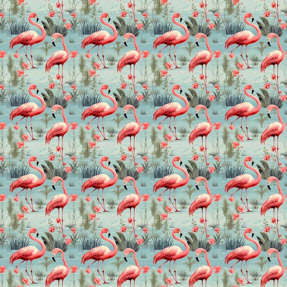 Elegant Flamingo Birds with Floral Wetland Background Wildflower Pattern