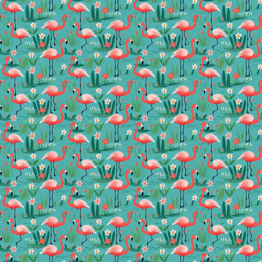 Playful Flamingo Birds with Floral Garden Background Wildflower Pattern