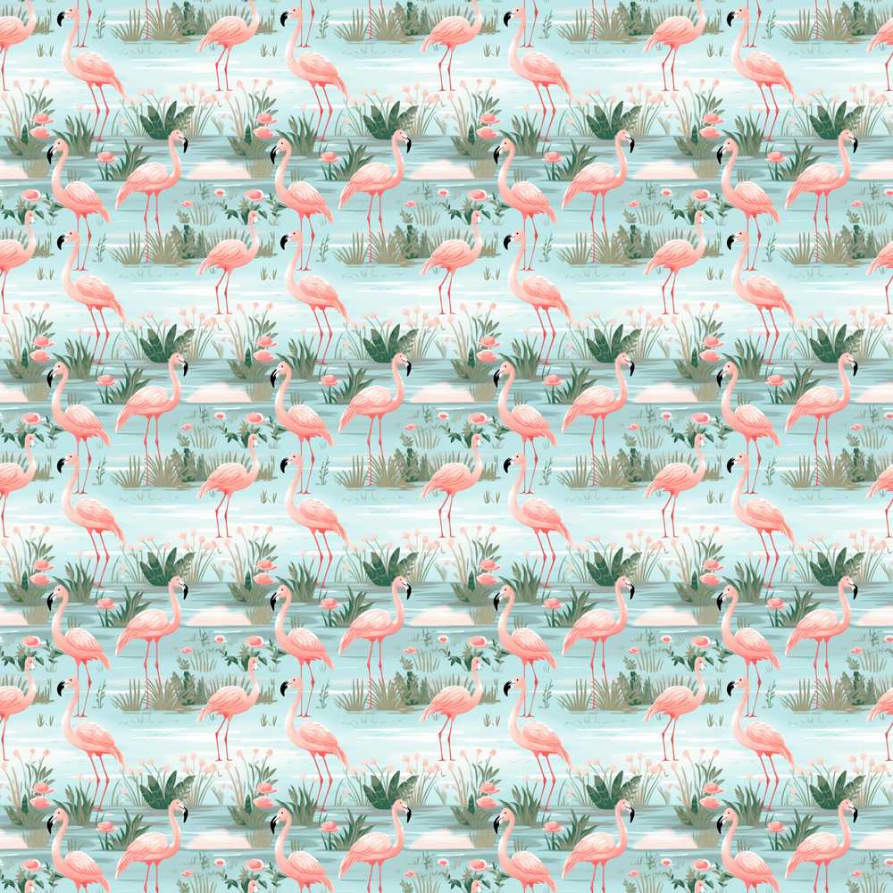 Delicate Flamingo Birds with Soft Floral Water Scene Wildflower