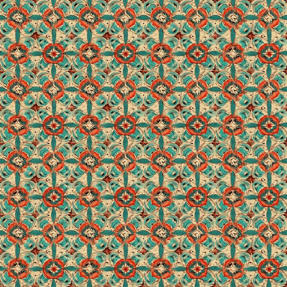 Vintage Teal Coral Ornamental Floral Tile Wildflower Pattern Botanical