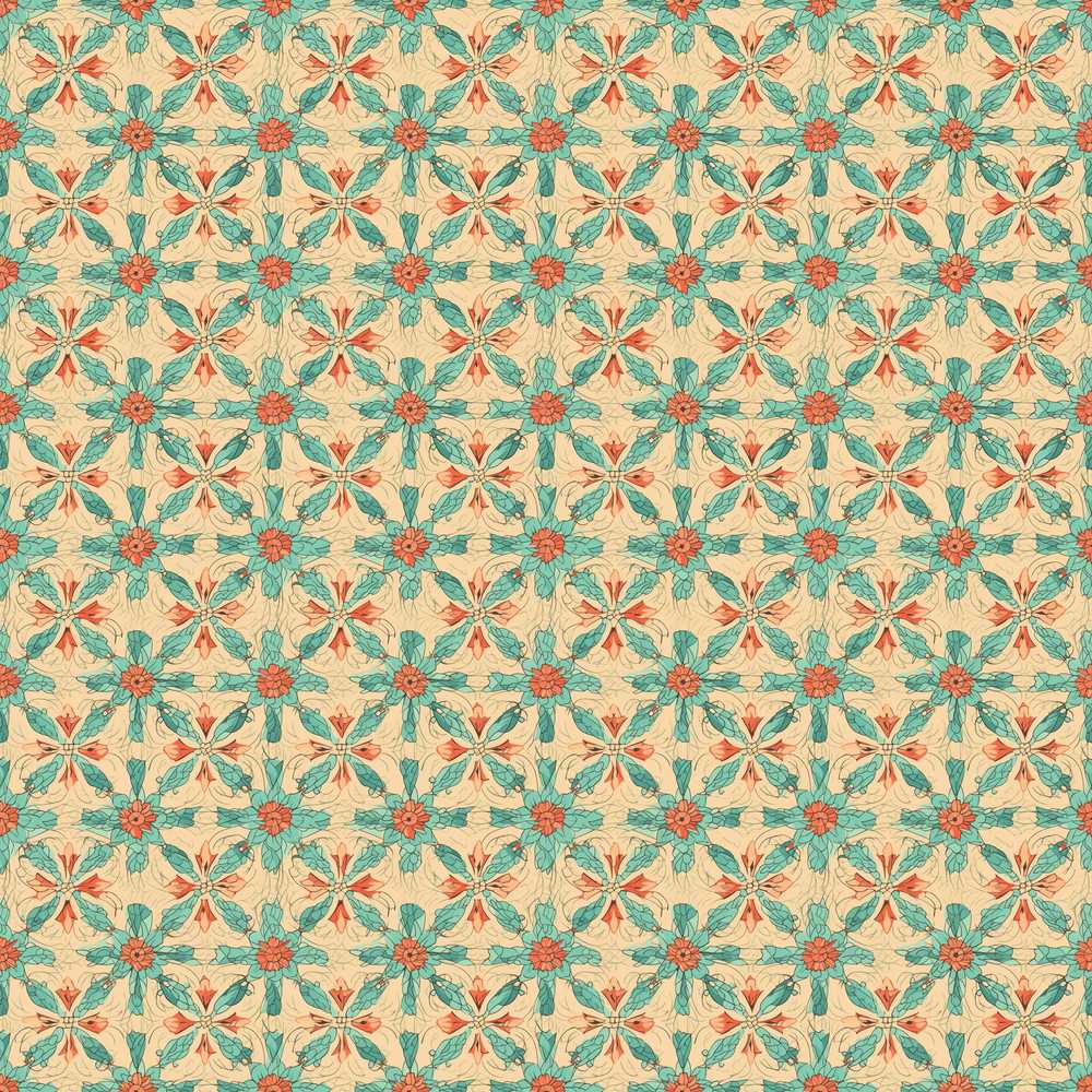 Elegant Teal Coral Symmetrical Floral Pattern Wildflower Botanical