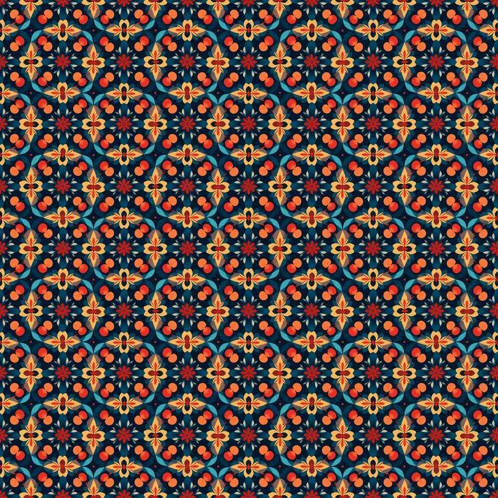Geometric Floral Pattern with Orange Teal and Gold Symmetry