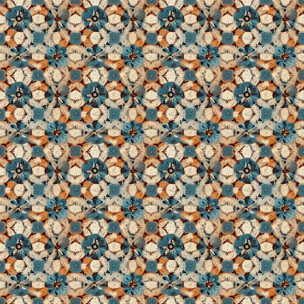 Rustic Floral Patchwork Pattern with Blue Cream and Warm Earth