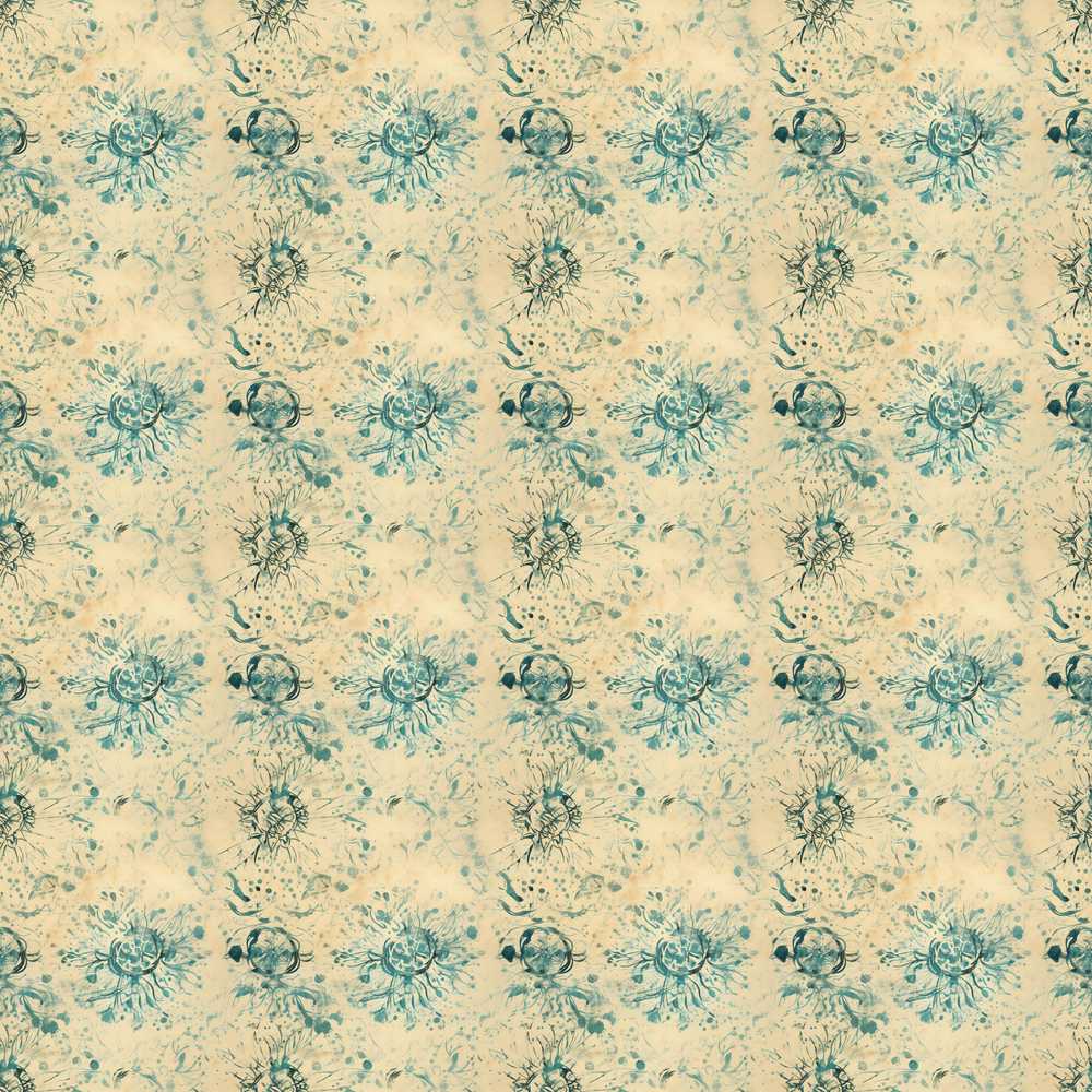 Abstract Botanical Ink Splash Pattern in Teal on Aged Beige