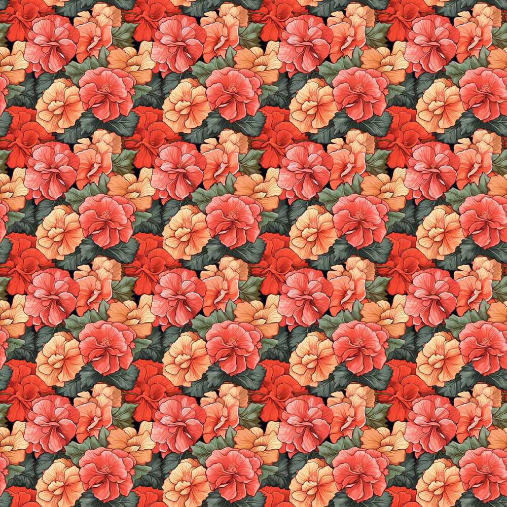 Vibrant Coral Hibiscus Floral Tropical Garden Style Wildflower Pattern