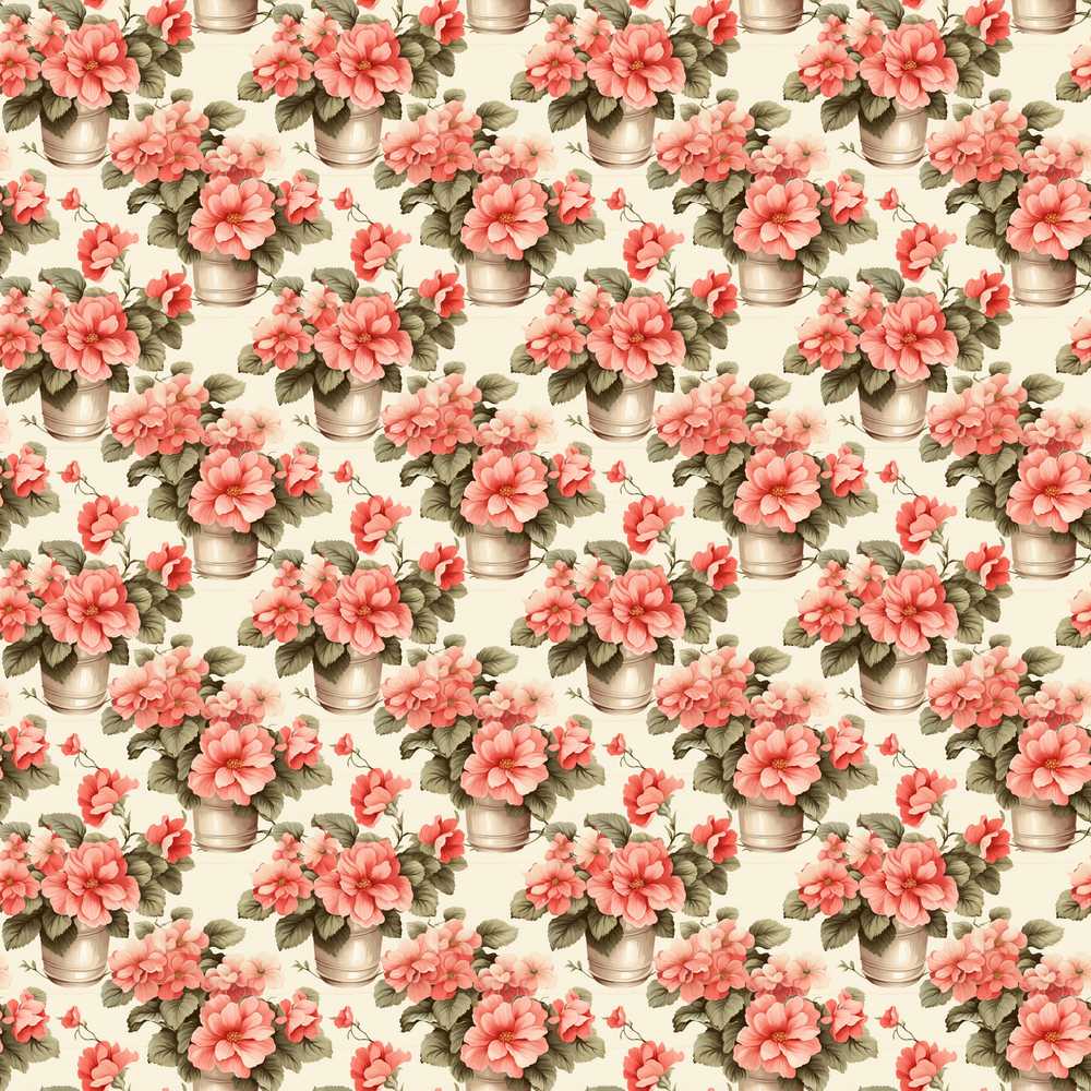 Potted Pink Flowers Vintage Arrangement Classic Floral Wildflower Pattern