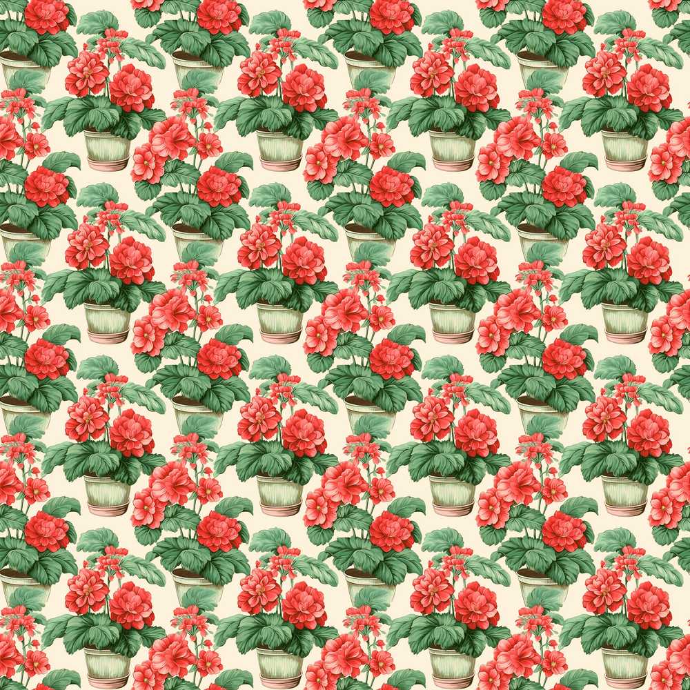 Red Geranium Potted Plant Botanical Garden Style Wildflower Pattern