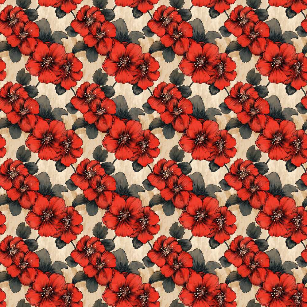 Bold Red Floral Vintage Beige Background Botanical Wildflower Pattern