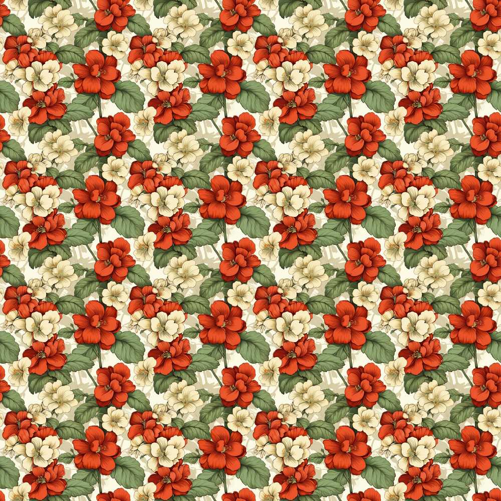 Red and Cream Floral Garden Vintage Botanical Style Wildflower