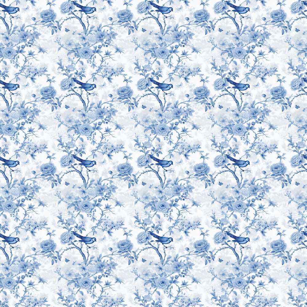 Blue Bird and Floral Toile Vintage Garden Scene Wildflower