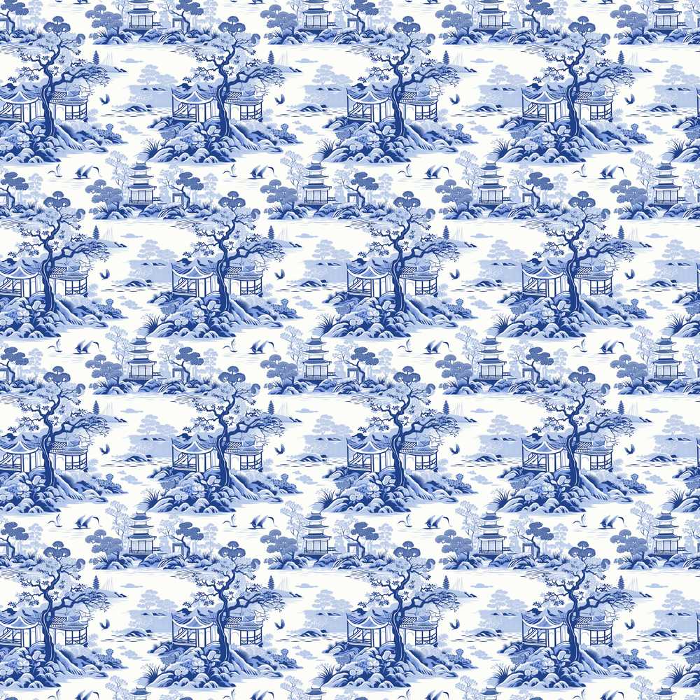 Blue Asian Garden Landscape Toile Scenic Decorative Repeat