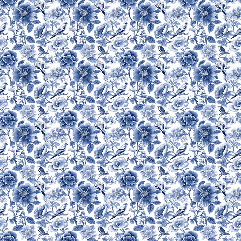 Blue Floral and Bird Detailed Classic Toile Wildflower Pattern