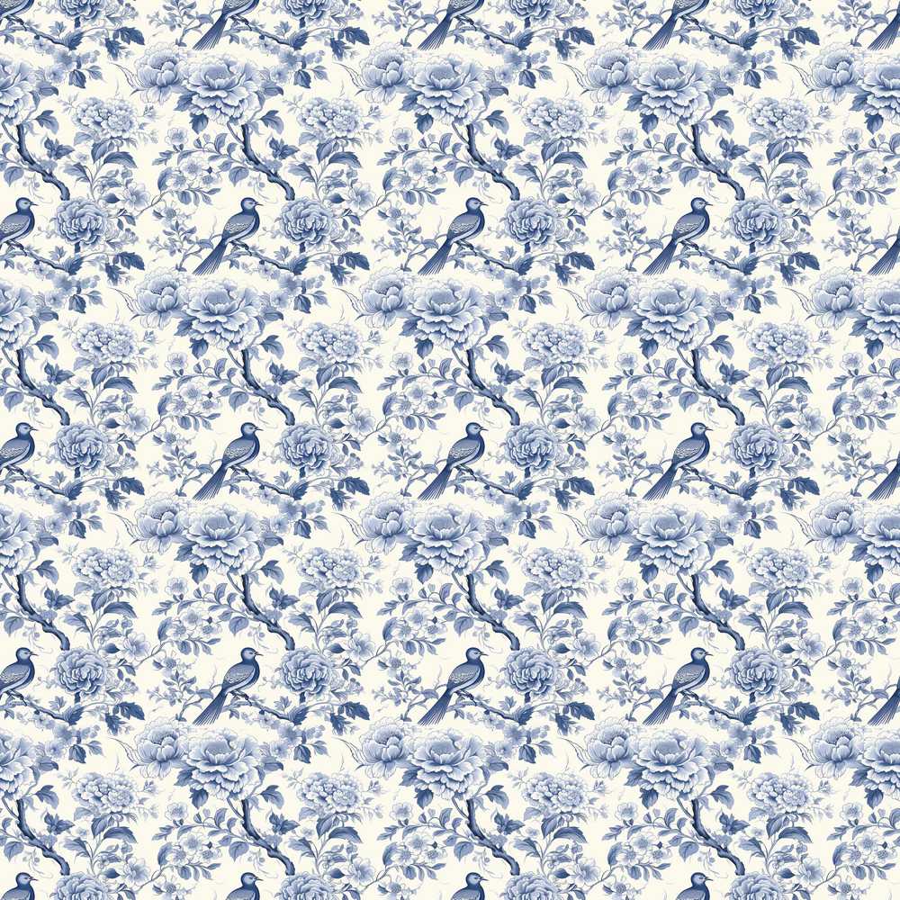 Soft Blue Floral Bird Branch Toile Style Vintage Pattern