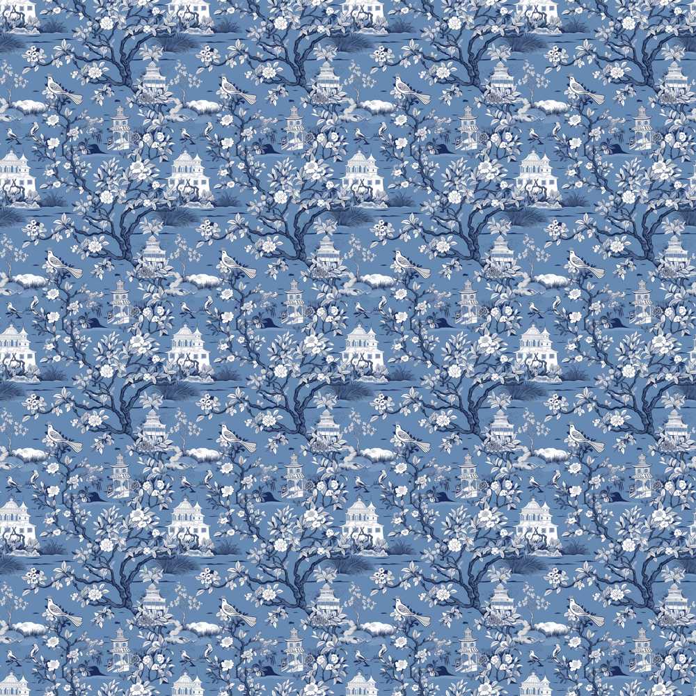 Detailed Blue Chinoiserie Garden Birds Pagoda Decorative Repeat
