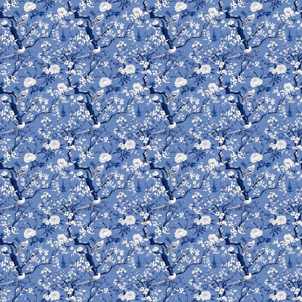Blue Blossom Tree Birds Oriental Scenic Wildflower Pattern Botanical