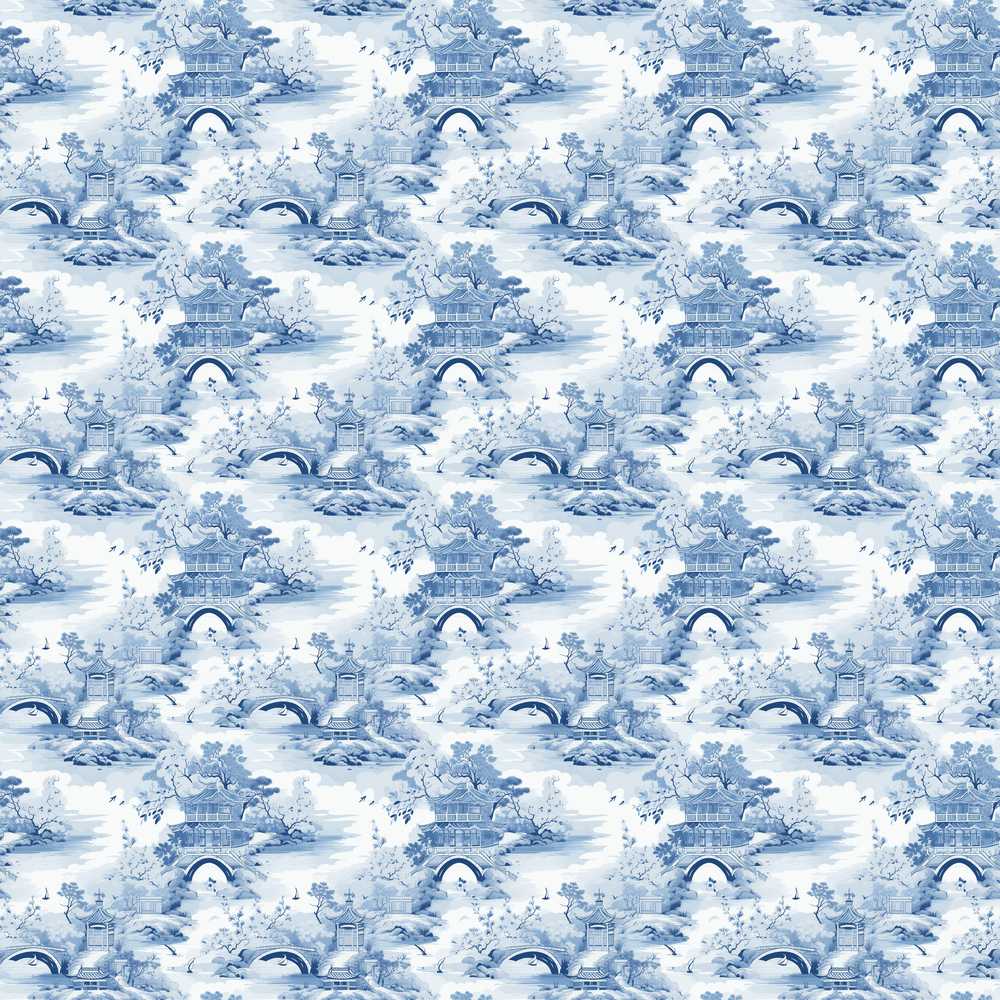 Light Blue Asian Bridge Garden Scenic Decorative Repeat