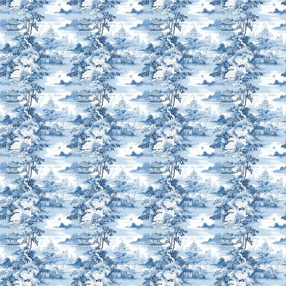 Blue Landscape Pagoda Tree Scenic Oriental Decorative Repeat