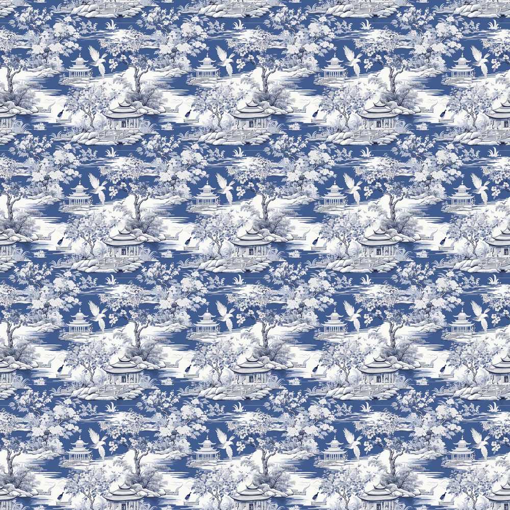Detailed Blue Crane Garden Pagoda Scenic Decorative Repeat