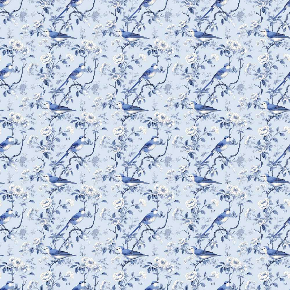 Soft Blue Songbird Twig Floral Chinoiserie Wildflower Pattern Botanical