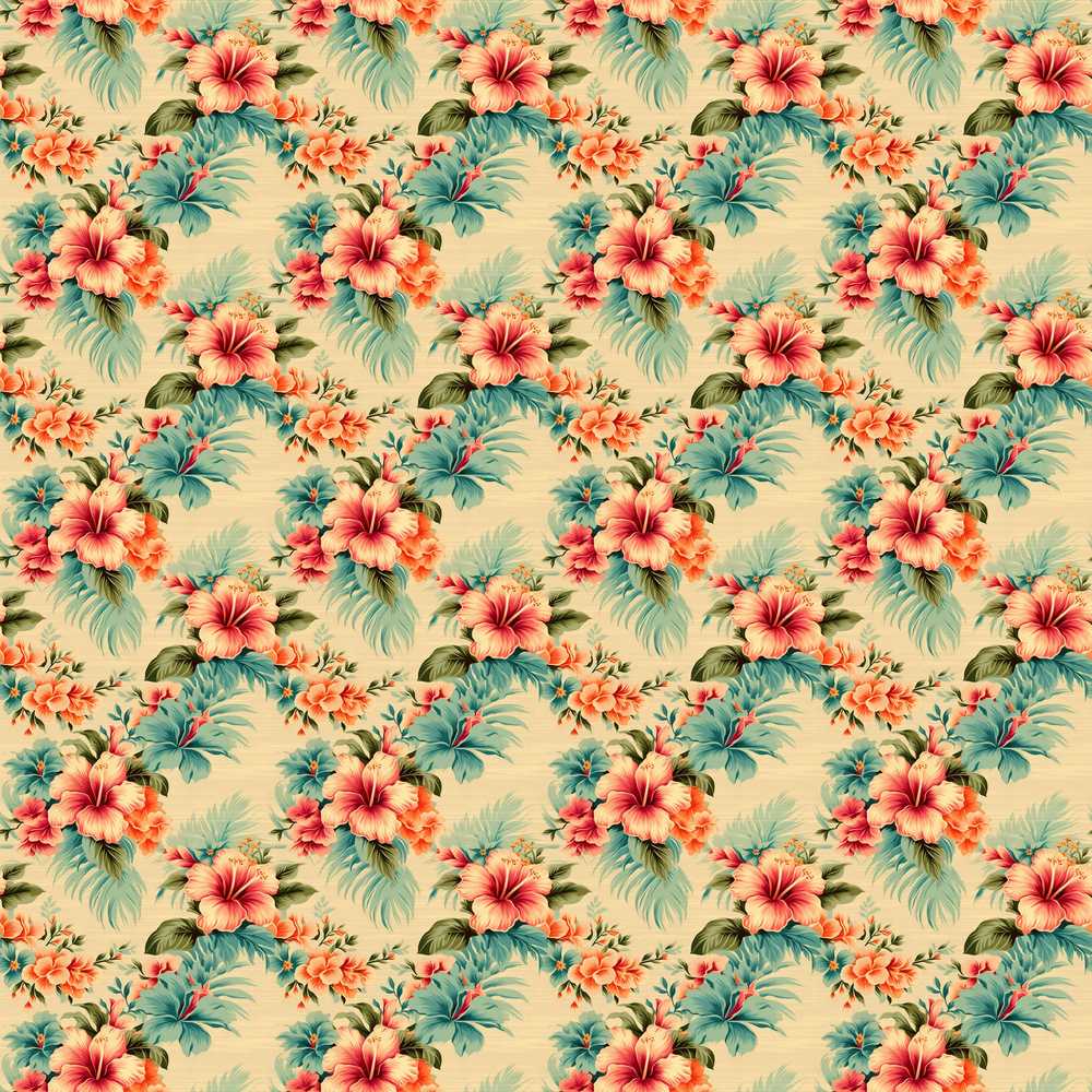 Vintage Beige Tropic Hibiscus Palm Floral Wildflower Pattern Botanical