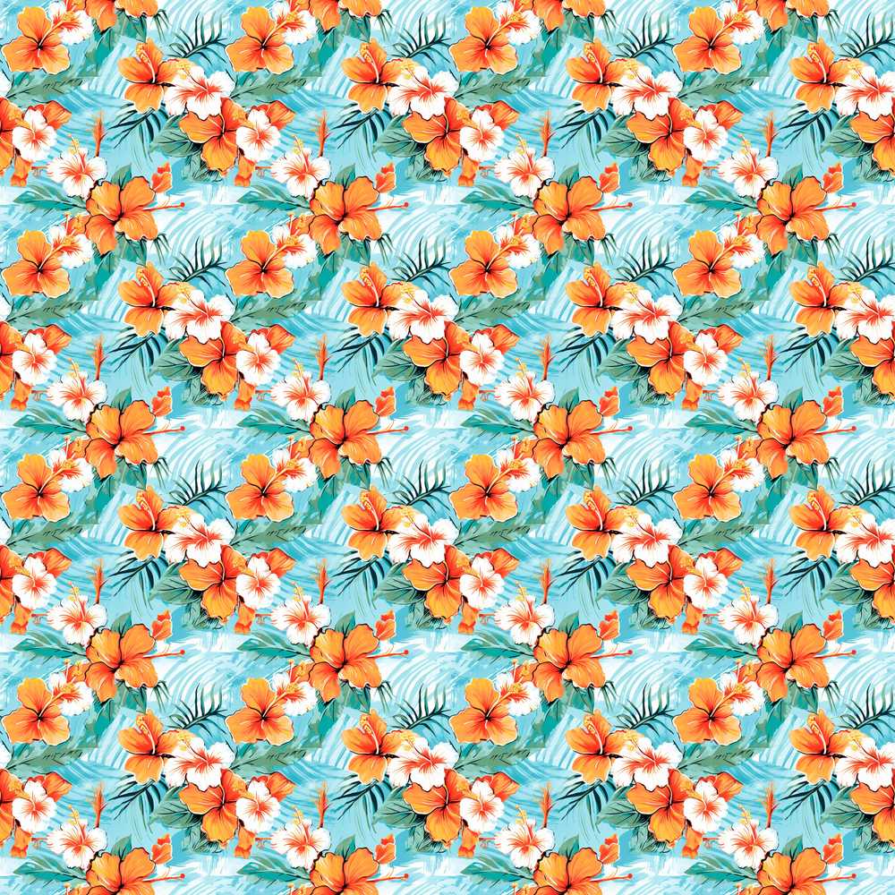 Bright Orange Hibiscus Tropical Leaves Wildflower Pattern Botanical