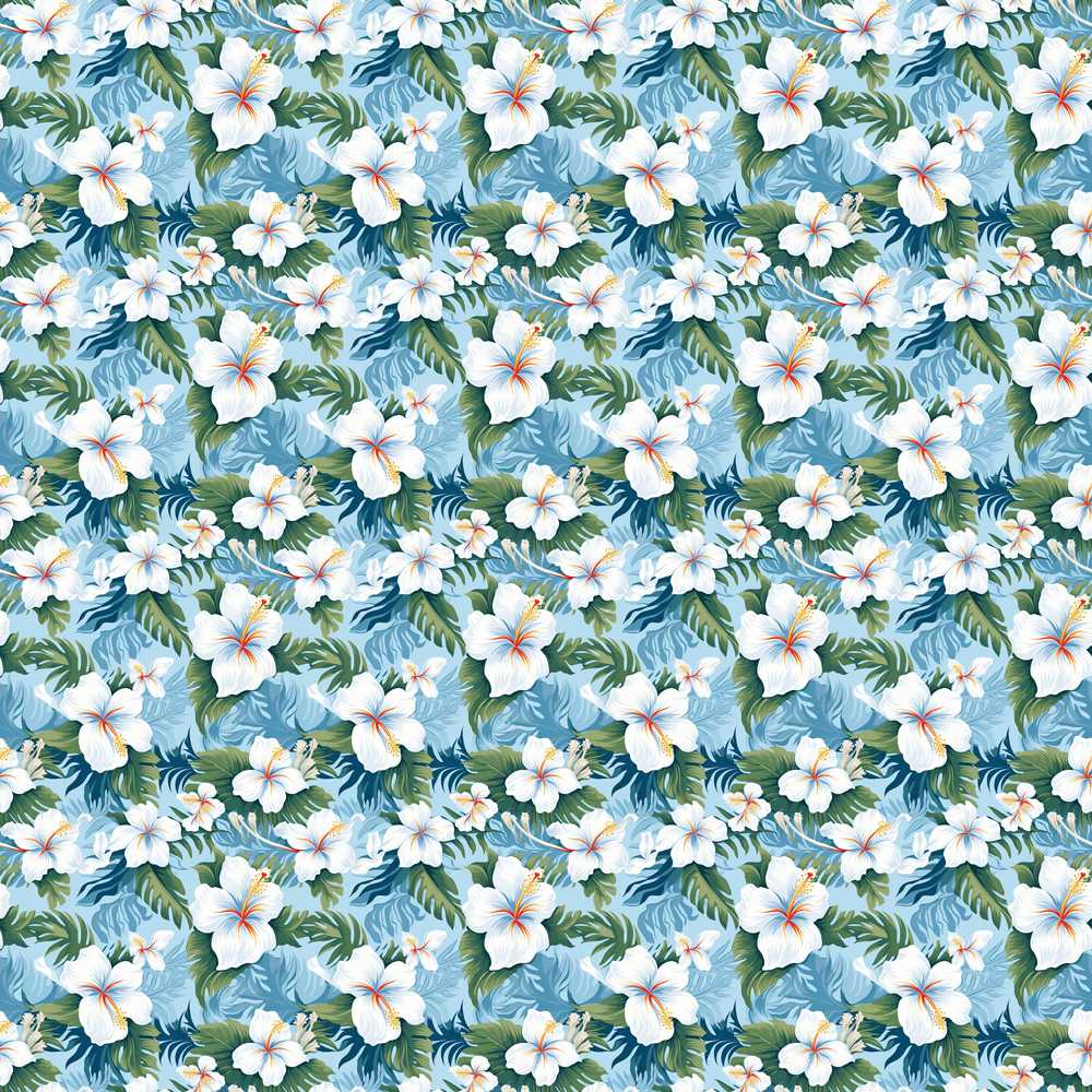 White Hibiscus Blue Leaf Tropical Floral Wildflower Pattern Botanical