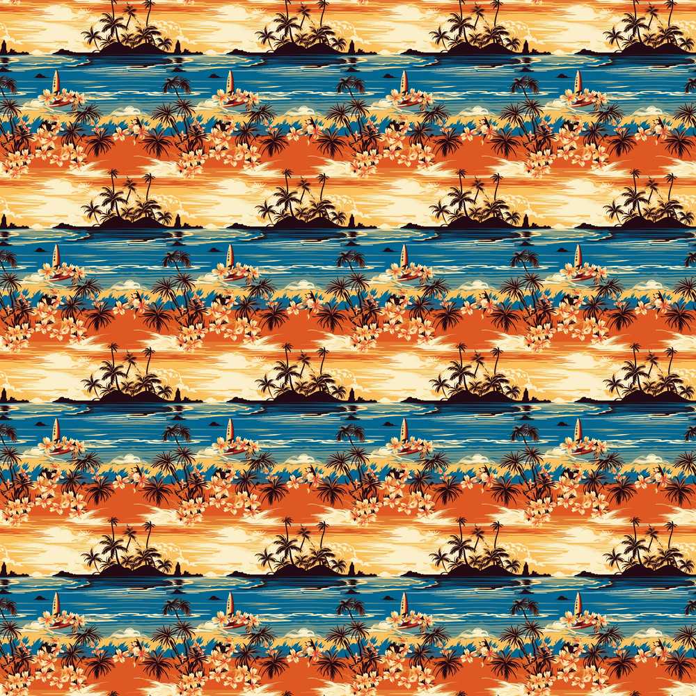 Tropical Island Sunset Palm Scene Decorative Repeat Pattern