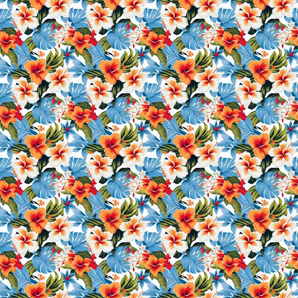 Vibrant Blue Orange Hibiscus Tropical Floral Wildflower Pattern Botanical