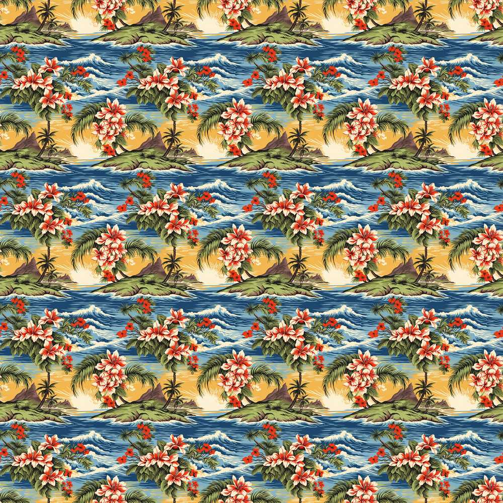 Exotic Island Hibiscus Ocean Wave Scenic Coastal Illustration