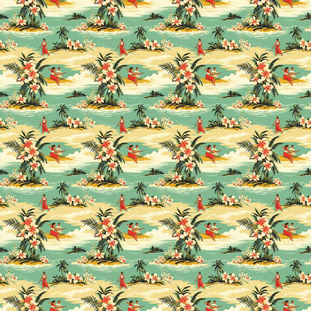 Hawaiian Island Beach People Tropical Scene Decorative Repeat